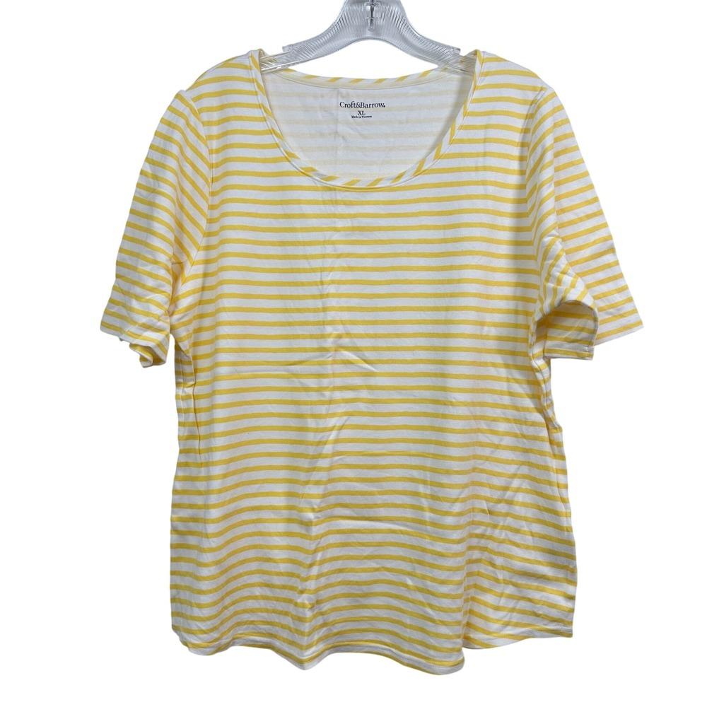 Croft & Barrow Womens XL Yellow White Striped Cotton Scoop Neck Short Sleeve Tee